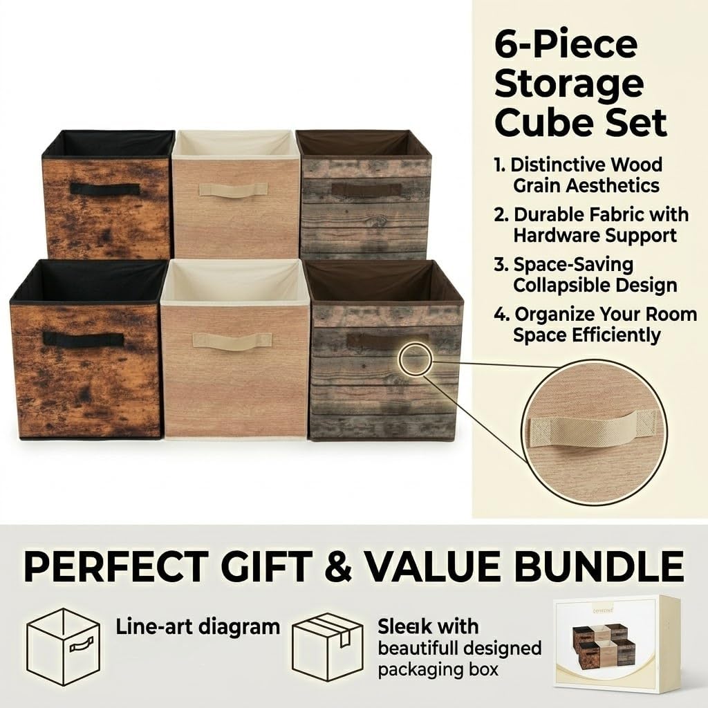 SUREMAX 11 Inch Storage Cubes 6 Pack, Wood Grain Storage Bins, Collapsible, Brown