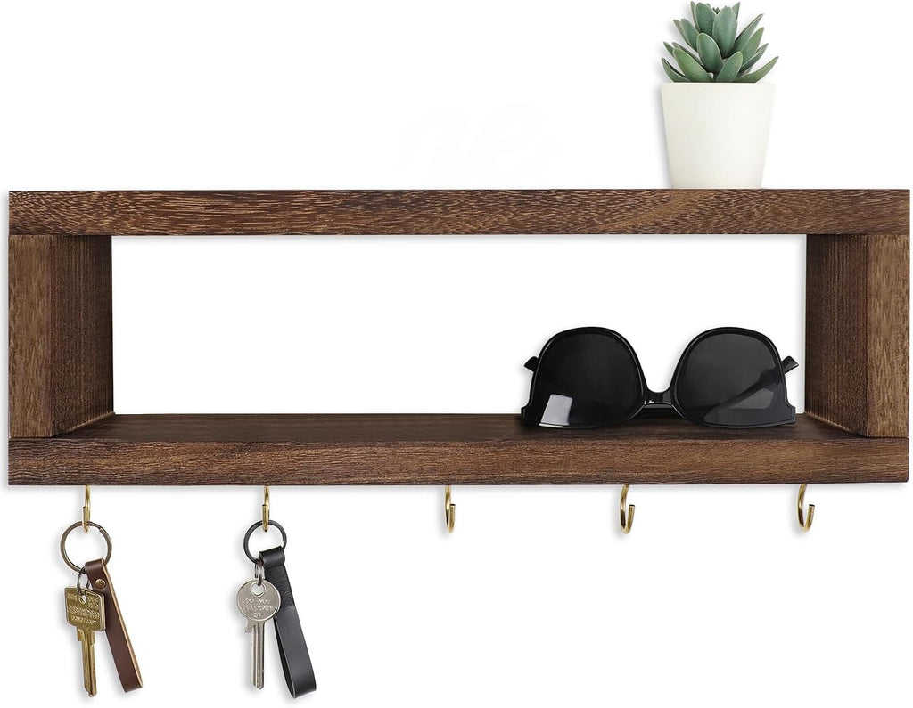 Lwenki Wall Shelf with Hooks - Decorative Key and Wallet Holder for Wall Holds Sunglasses, Leashes, Scarves and Lanyards - 15.7" x 5.1" x 2.9" Entryway Organizer Made of Paulownia Wood (Brown)
