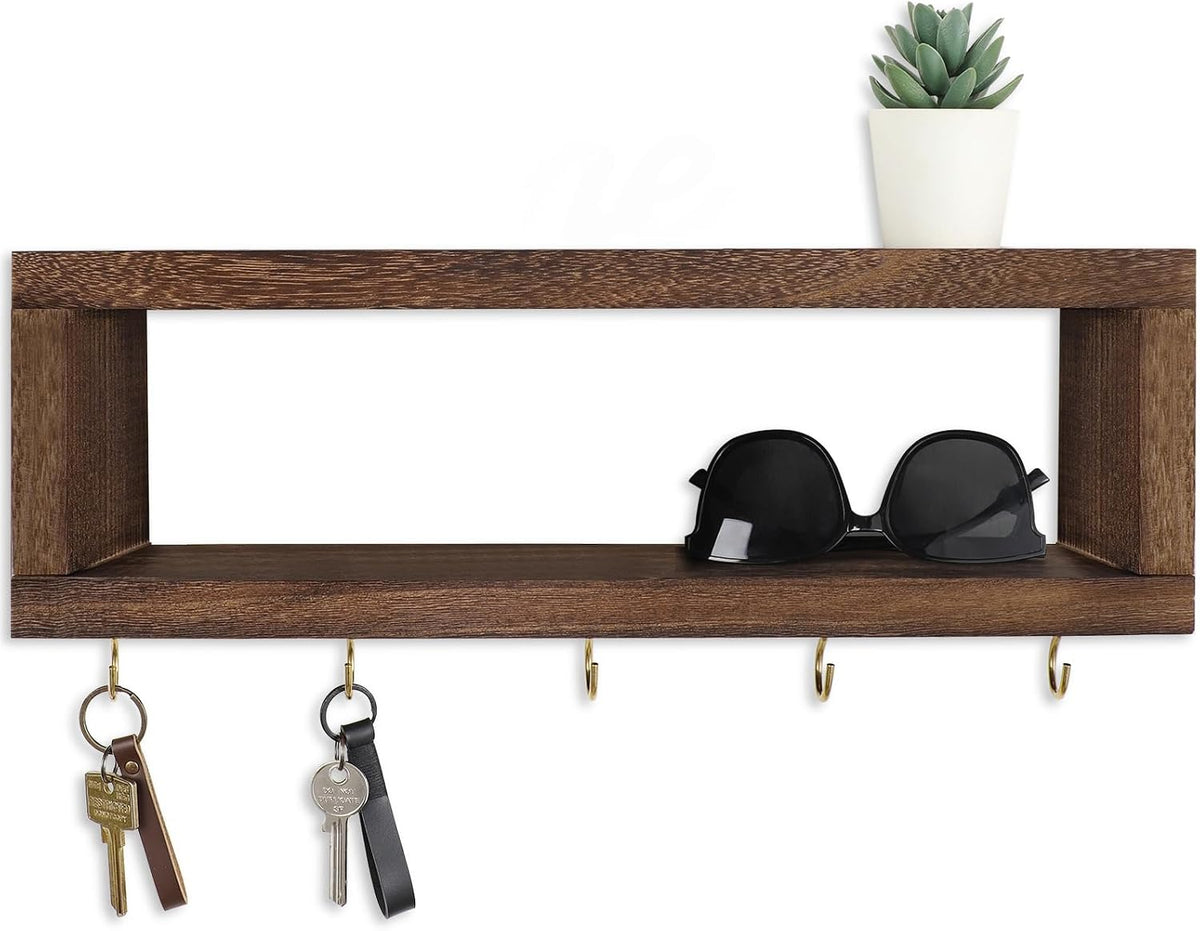 Lwenki Wall Shelf with Hooks - Decorative Key and Wallet Holder for Wall Holds Sunglasses, Leashes, Scarves and Lanyards - 15.7" x 5.1" x 2.9" Entryway Organizer Made of Paulownia Wood (Brown)
