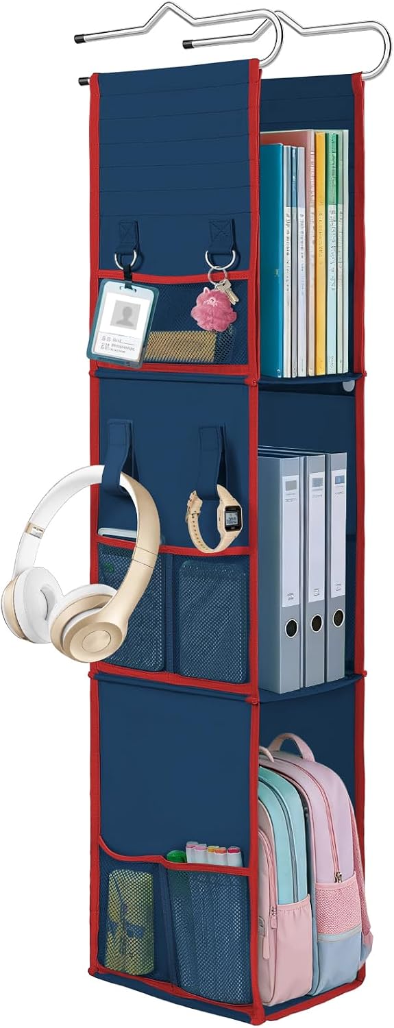 LOVEGRASS 3 Shelf Locker Organizer with Side Pockets, Navy Blue and Red