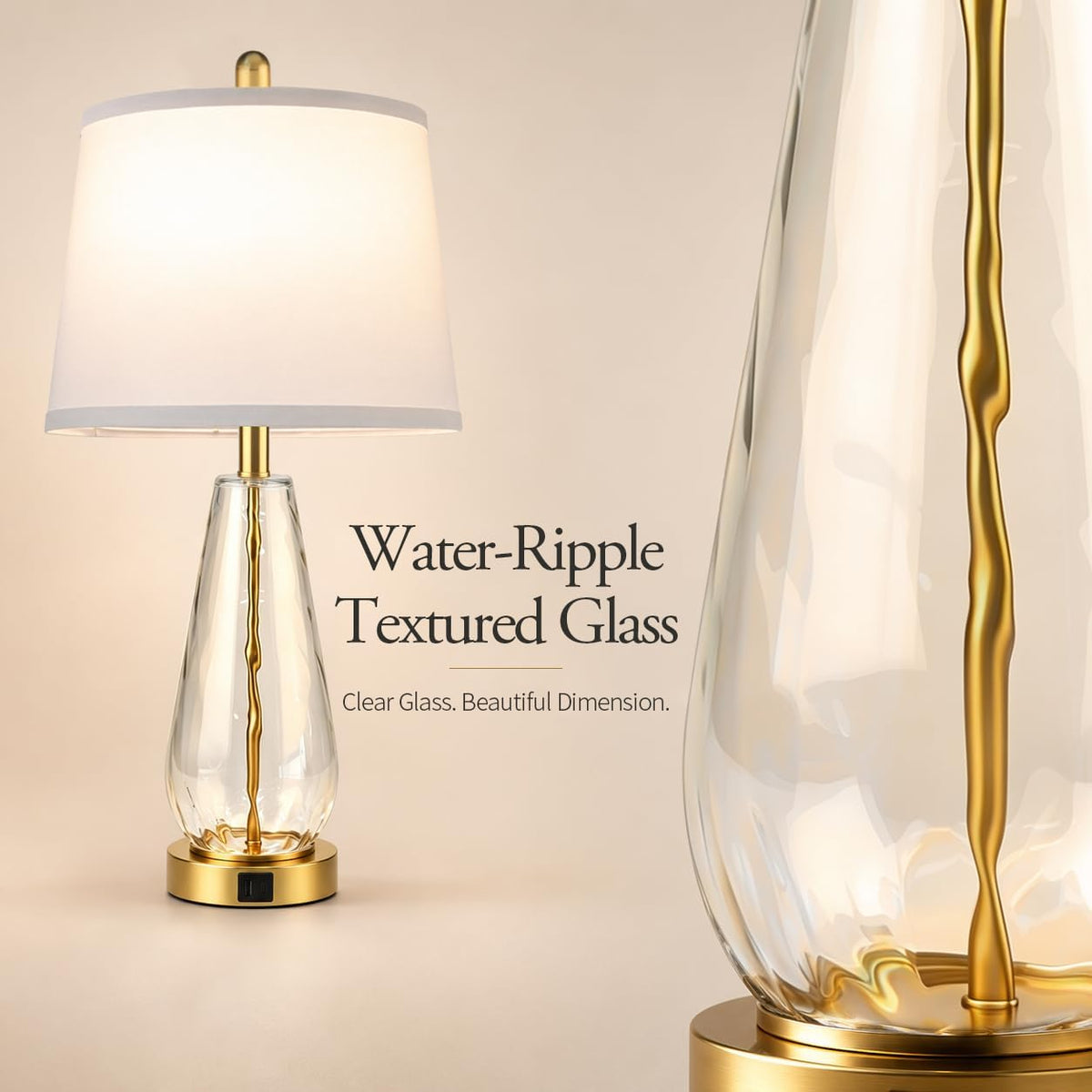 27'' Glass Table Lamps Set of 2 for Living Room, Gold Modern Lamps