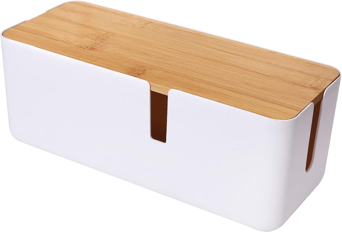 Changsuo Small Cable Management Box with Bamboo Lid for Extension Cord Power Stripe Surge Protector Wire Concealer Organizer Cover Hider (White)