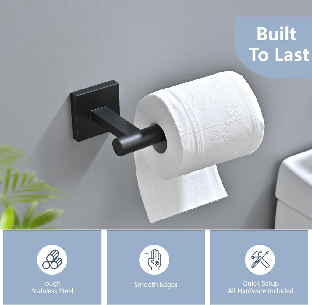 Toilet Paper Holder Set with 2 Robe Hooks, Matte Black