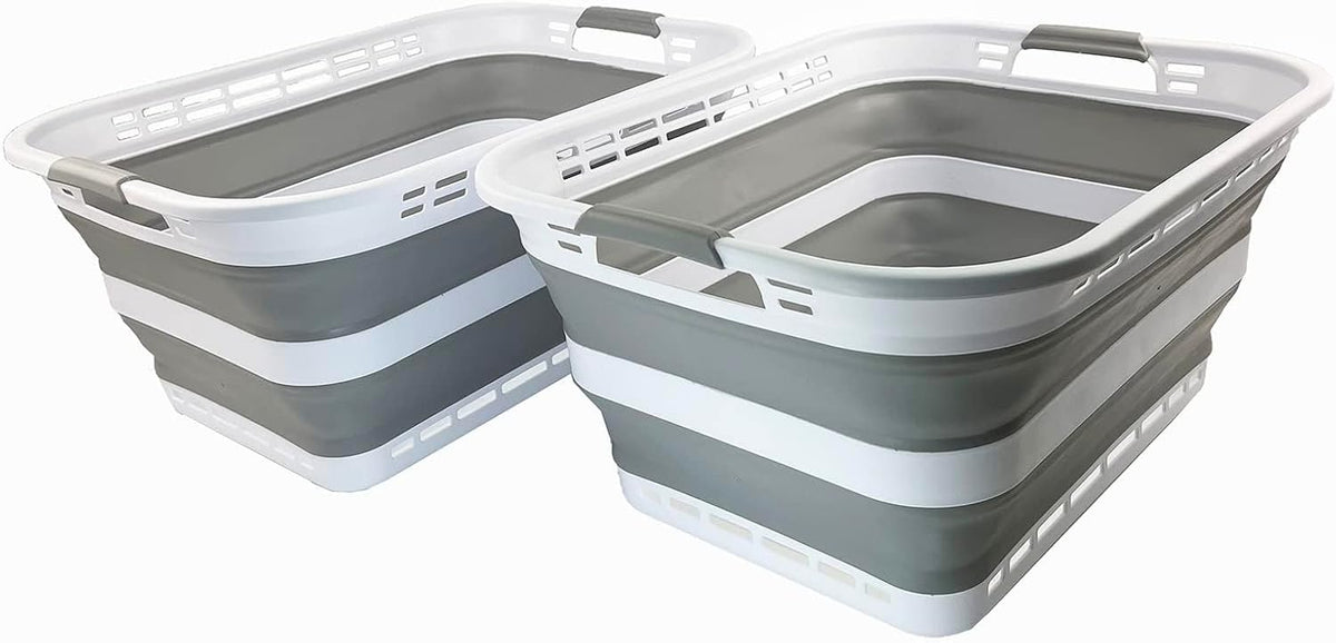 SAMMART 42L (11 Galloons) Collapsible Plastic Laundry Basket - Foldable Pop Up Storage Container/Organizer - Portable Washing Tub - Space Saving Hamper/Basket [BPA Free] (White/Grey (Set of 2))