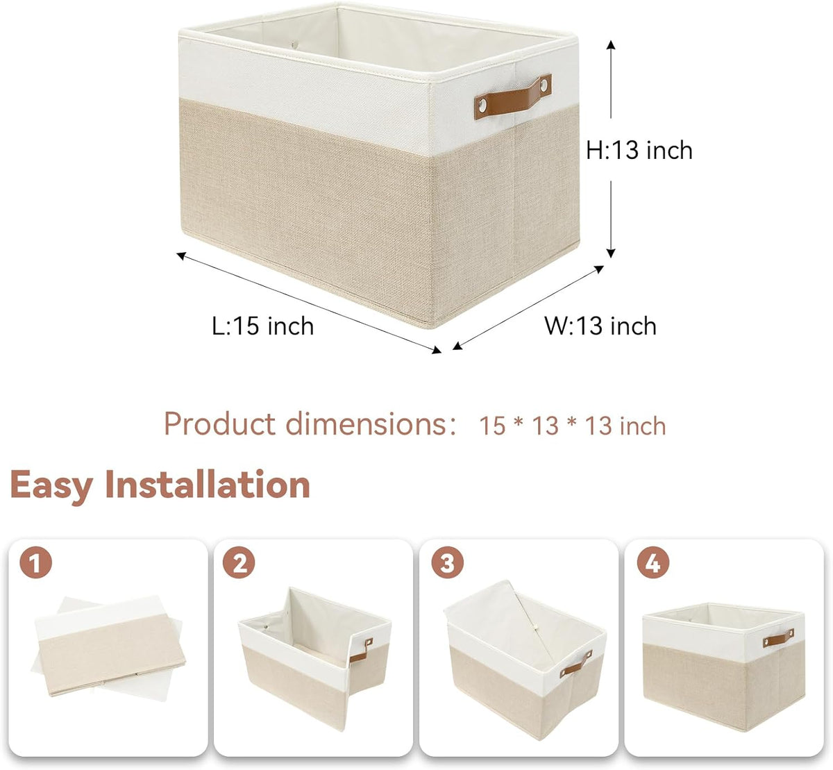 SNWDN 6 Pack Large Collapsible Fabric Storage Baskets with Handles (White/Beige 15''Lx13''Wx13''H)