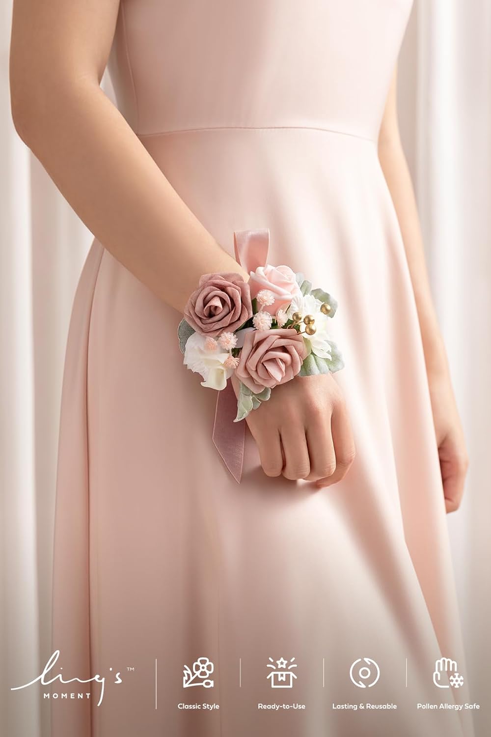 Ling's moment 6pcs Wedding Corsage Wristlet, Dusty Rose Pink
