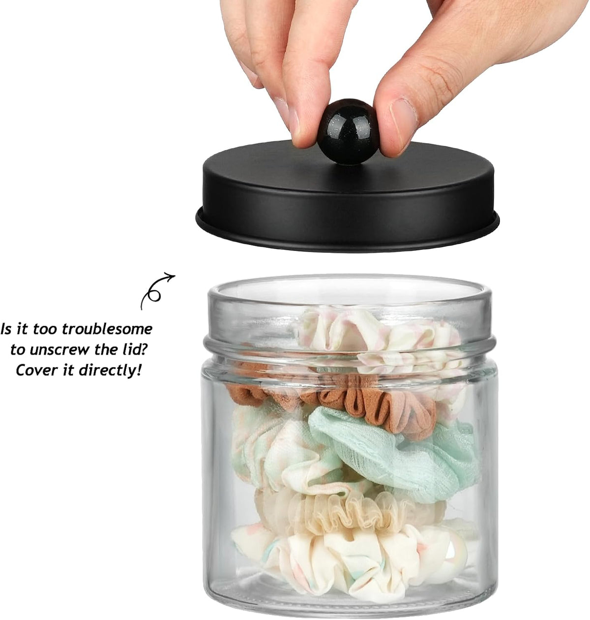SheeChung Glass Mason Jar Qtip Holder, Black Stainless Steel Lids, 1 Pack