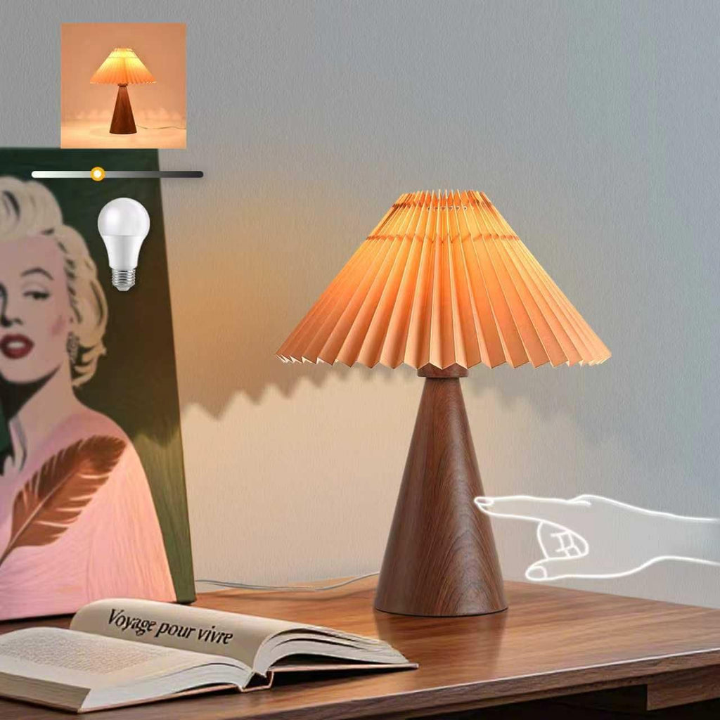 Ziqqeelam Wood Touch Control Table Lamp, Mini Cute Table Lamp, Wooden Grain Bedroom Lamps for Nightstand, Small Scalloped Lamp Shade Table Lamps for Small Spaces for Bedroom,Living Room