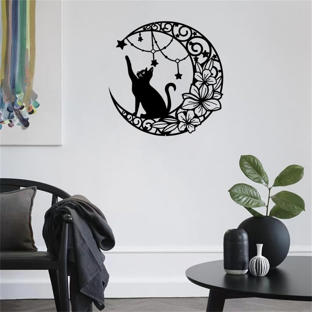 Gemseek Black Metal Cat Wall Decor, Cute Moon Cat Wall Art Sculpture
