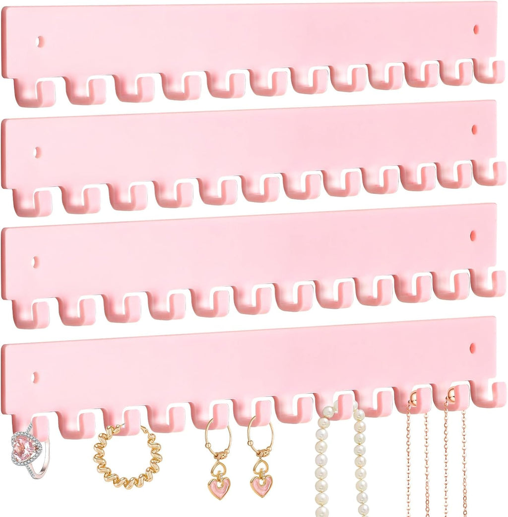 Acrylic Necklace Holder 4 Pack Wall Mounted Necklace Organizer Hanging Jewelry Organizer with 12 Hooks for Necklaces, Bracelets, Rings and Bangles Display Pink