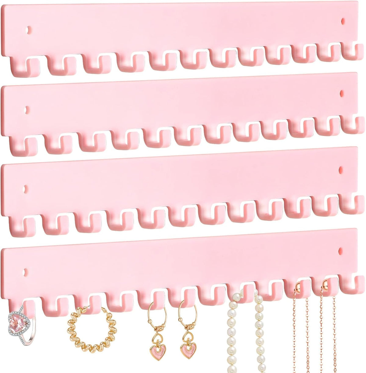 Acrylic Necklace Holder 4 Pack Wall Mounted Necklace Organizer Hanging Jewelry Organizer with 12 Hooks for Necklaces, Bracelets, Rings and Bangles Display Pink