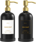 Kitchen Soap Dispenser Set – 16.8oz/500ml Glass Hand and Dish Soap Dispenser with Stainless Steel Pumps & Non-Slip Silicone Base, Luxury Countertop Decor for Home, Airbnb, Hotel (Black & Gold)