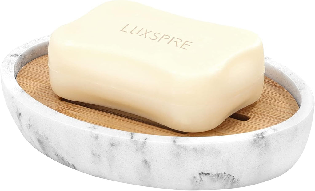 Luxspire Bamboo Soap Dish, Holder for Bathroom& countertop, Gravel White