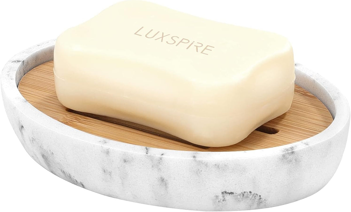 Luxspire Bamboo Soap Dish, Holder for Bathroom& countertop, Gravel White