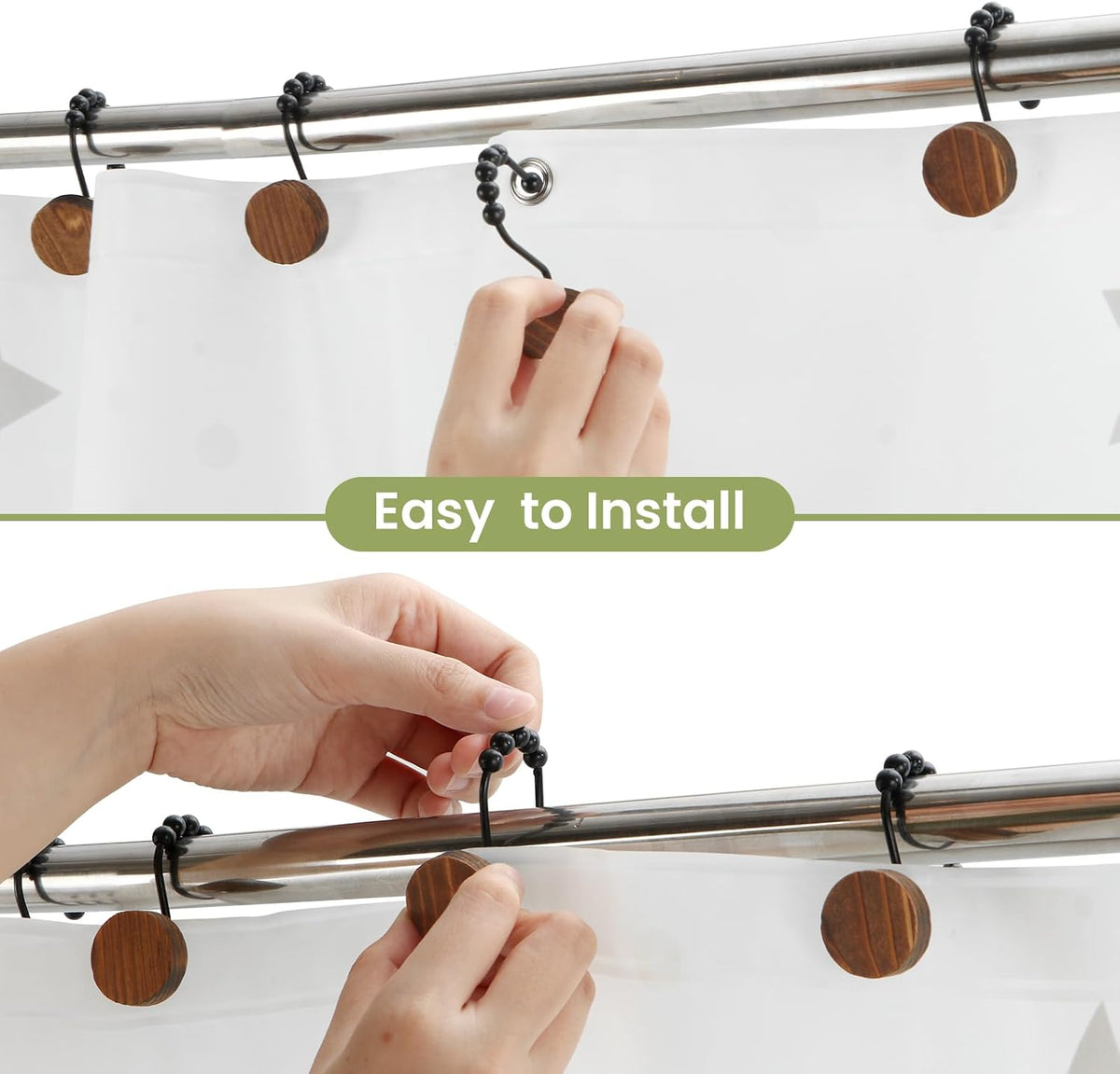 Wood Shower Curtain Hooks,Boho Shower Curtain Rings Decorative,Free Sliding Shower Hooks for Shower Curtain & Liners, Shower Curtain Hangers for Bathroom Shower Curtain Rods Curtains(Brown, 24)