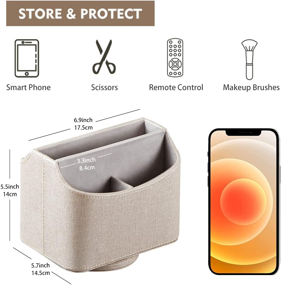 360° Rotating Remote Control Holder, PU Leather TV Remote Caddy, Pen Holder.Nightstand Organizer Storage Box with 5 Compartments for Pencil, Art Supplies, Makeup Brush, Office Desk Table Accessories