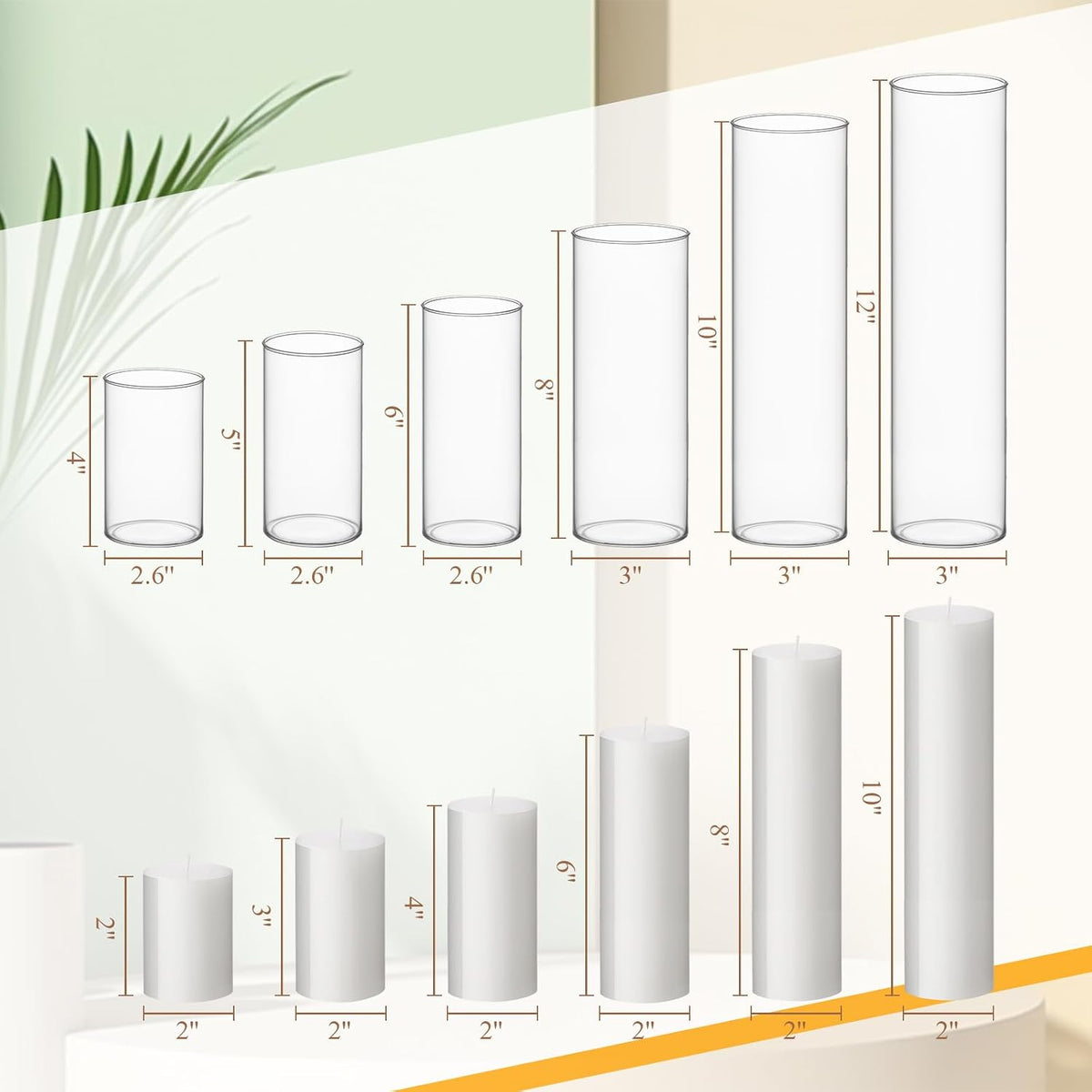 Shihanee 6 Glass Cylinder Vase Pillar Candle,White,Set of 6