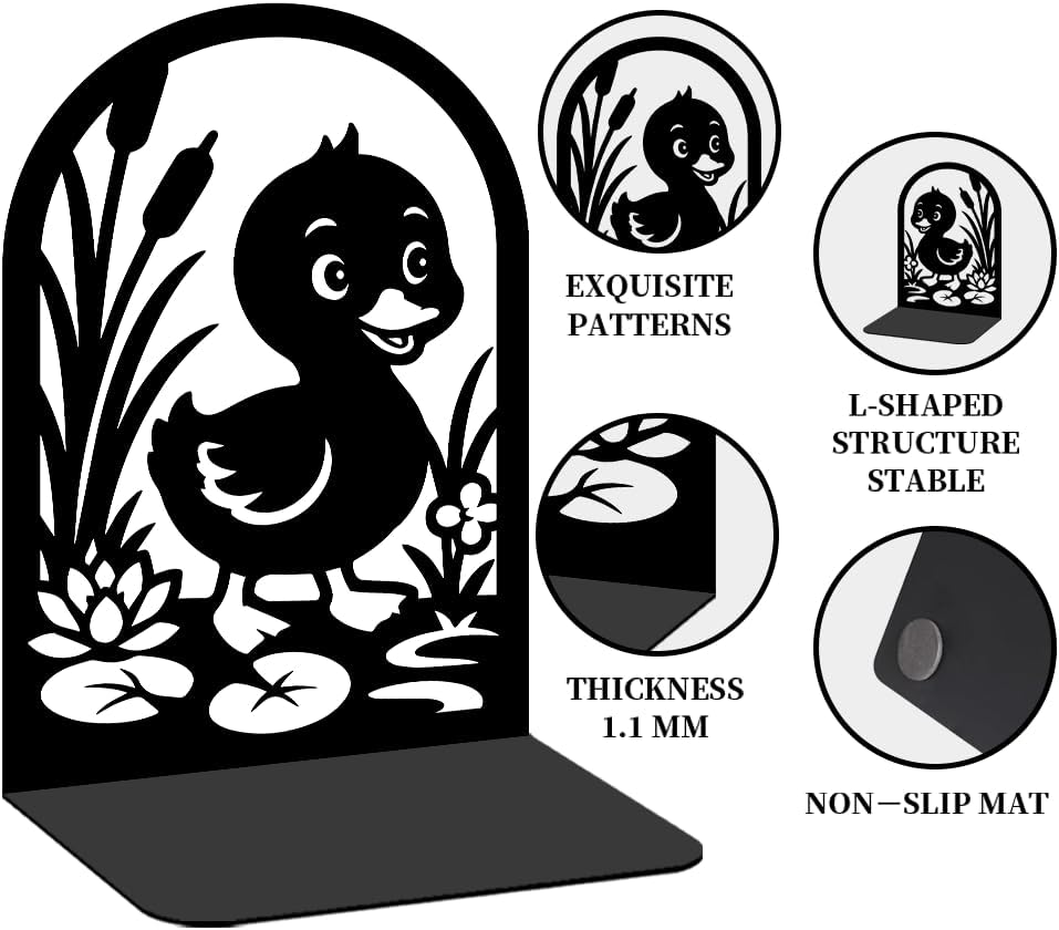 1 Pairs Cute Duck Metal Bookends, Heavy Duty Black Book Support, Creative Books Organiser Stopper for Shelves Bookshelf Office Home Decor, Animal Lovers & Bookworms Gift