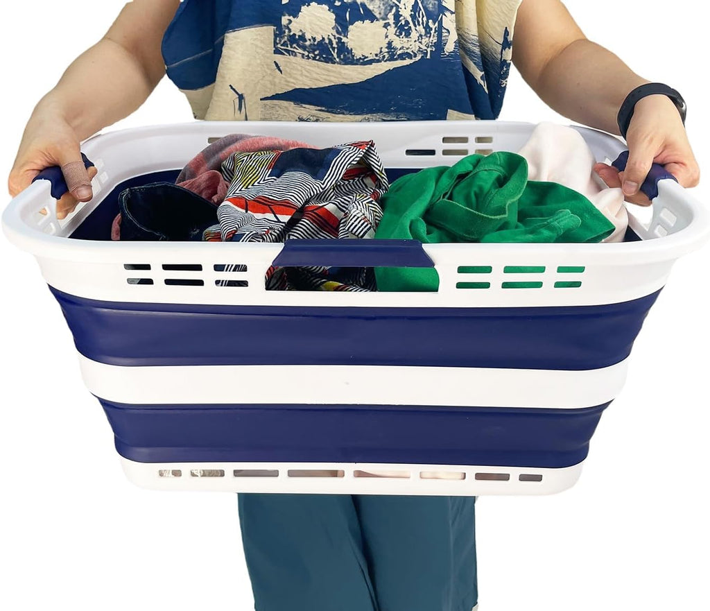 SAMMART 42L (11 Gallon) Collapsible Plastic Storage Basket - Foldable Pop Up Storage Container/Hamper - Portable Laundry Organizer - Space Saving (White/Starry Blue, 42L (Style A))