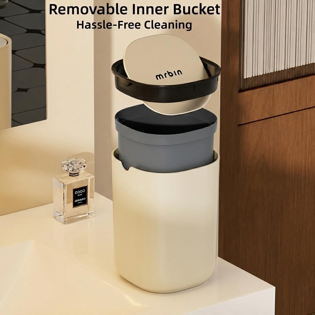 MRBIN Mini Trash Can Desk, 3.5 L/0.92 Gal Table Top Plastic Waste Basket with Stainless Steel Lid, Garbage Bin Small for Car, Bedroom, Coffee Bar, Vanity Countertop, White
