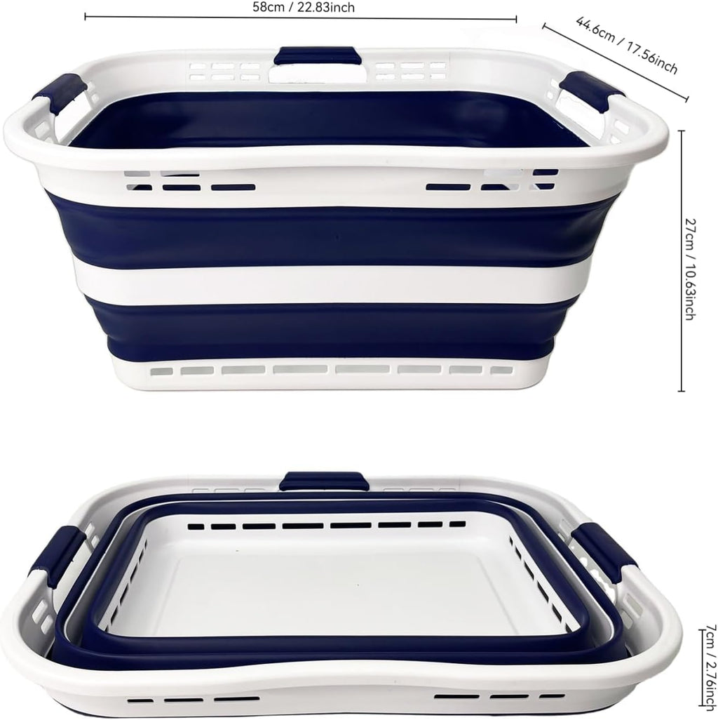 SAMMART 42L (11 Gallon) Collapsible Plastic Storage Basket - Foldable Pop Up Storage Container/Hamper - Portable Laundry Organizer - Space Saving (White/Starry Blue, 42L (Style A))