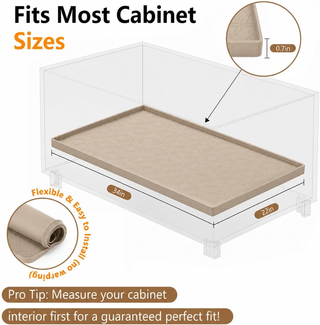 34"x22" Silicone Shelf Liner & Waterproof Under Sink Mat(Taupe)