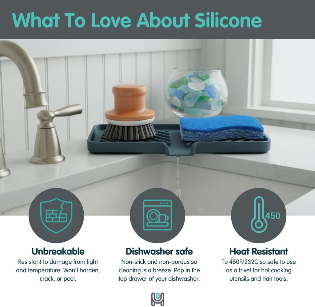 Silicone Soap Dish Tray and Sponge Holder with Drain Chute and Feet | 3-Way Sloped Design | Bathroom and Kitchen Sink Organizer Caddy (Sand Dollar, 10"x4", 7.8 Ounces)
