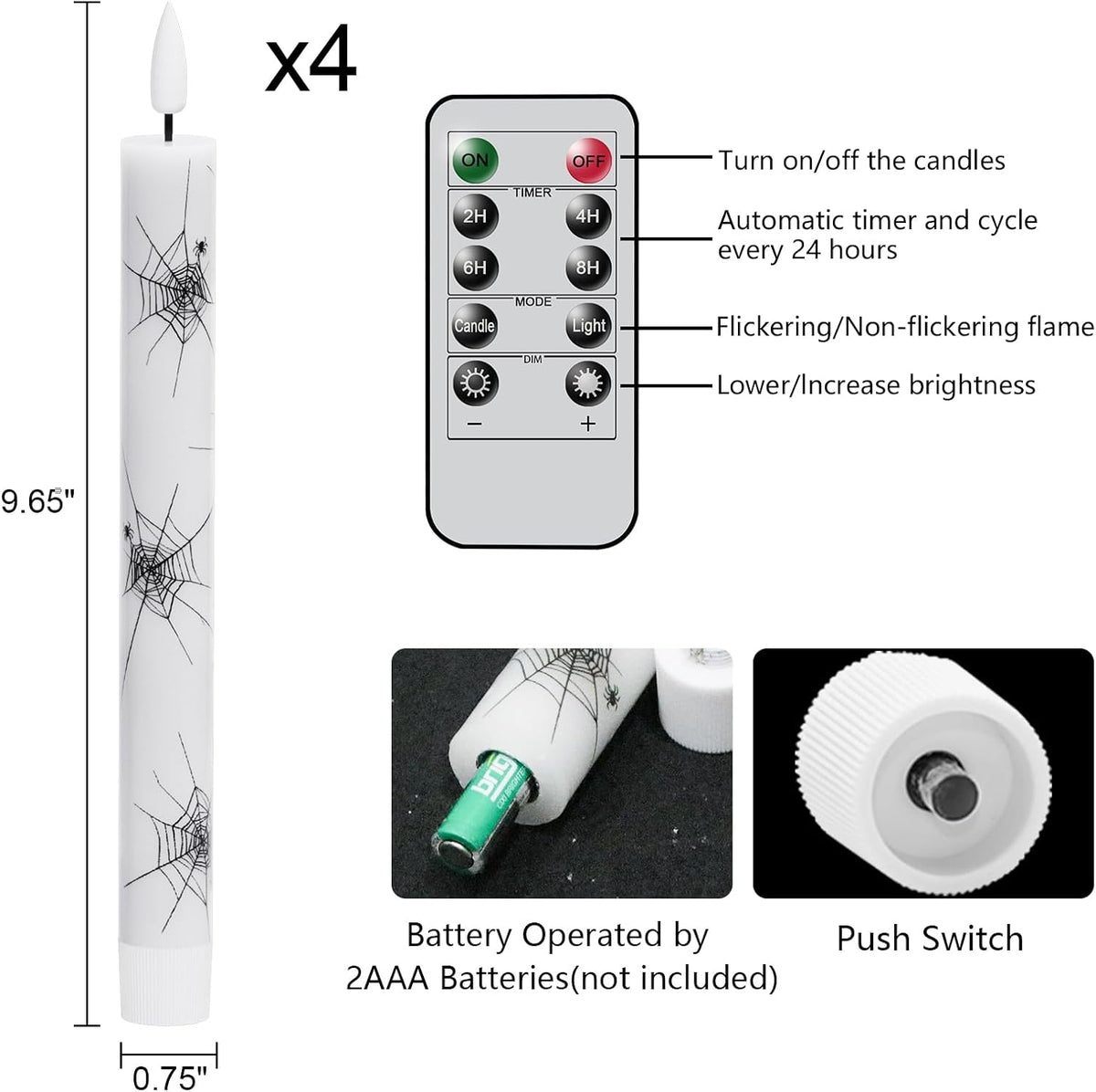 GenSwin Real Wax Flameless Taper Candles, 4 Pack Halloween LED Taper Candles Battery Operated with Remote Timer, Flameless Candlesticks with Spider Web Prints for Halloween Decoration (0.75” x 9.65”)