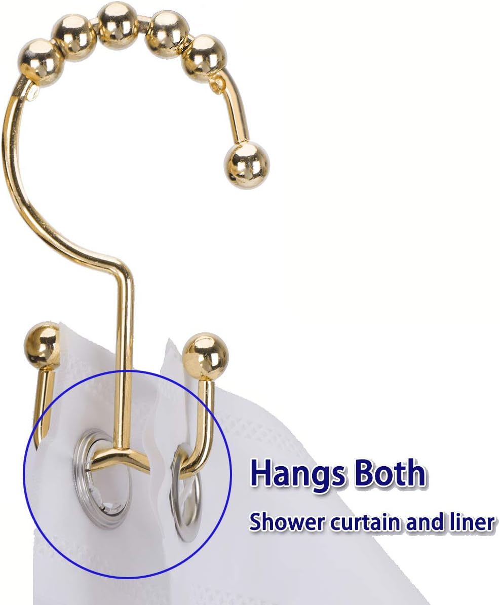 Shower Curtain Hooks Rings for Bathroom, 12PCS Stainless Steel Metal Rust Resistant Balance Sliding Double Curtain Hooks (Gold)