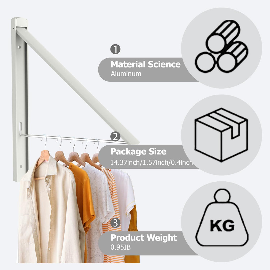 Wall Mounted Drying Rack Foldable, No Drill Laundry Clothes Drying Rack, Collapsible Wall Clothes Hanger with 65 lb Capacity for Laundry Room Bathroom Apartment, White