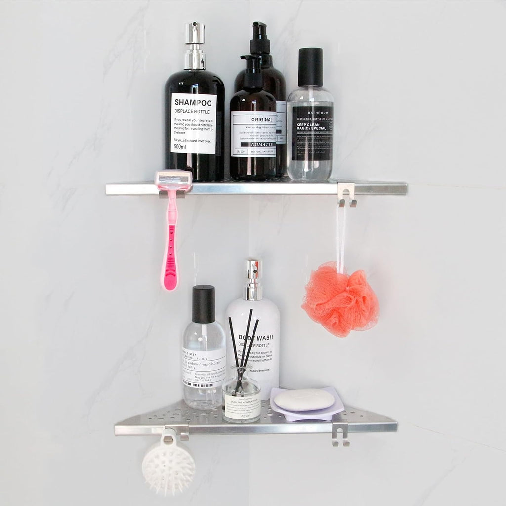 WELLUP Shower Shelf Brushed Nickel 2 Pack,Corner Shower Shelf with 4 Hooks
