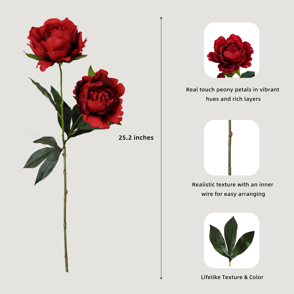 KBREE Peonies Artificial Flowers, 25.2" Real Touch Flowers, 3 Pcs Peony Stems with Large Bloom Heads, Lifelike Artificial Flowers for Vase, Wedding Bouquet DIY & Floral Arrangements (Scarlet)