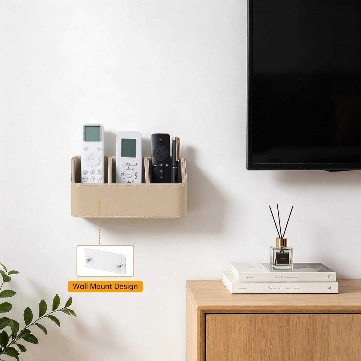 Hole-Free Wall-Mounted PU Leather Remote Control Holder, 3-Compartment Desktop Organizer, Perfect for Living Room, Bedroom, TV Side, Bathroom and More (Beige)