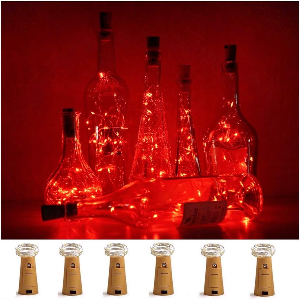Wine Bottle Lights with Cork, 6 Pack Battery Operated 15 LED Cork Shape Silver Wire Colorful Fairy Mini String Lights for DIY, Party, Decor, Christmas, Halloween,Wedding (Red)