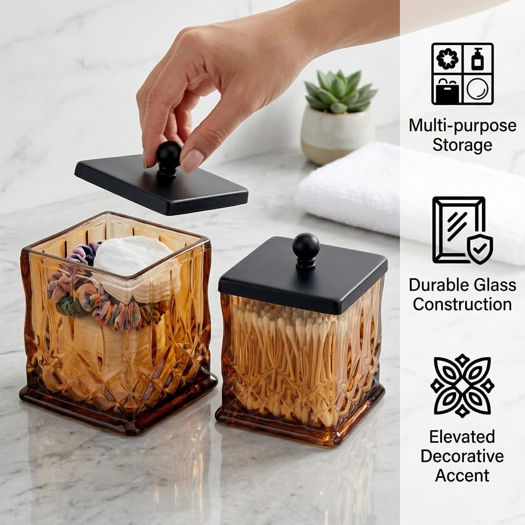2 Pack 15Oz Amber Q-Tip Holder, Square Thick Glass