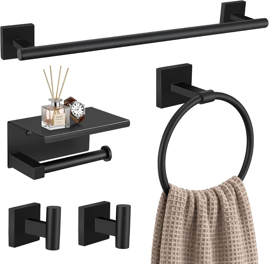 TURS 5-Pieces Matte Black Bathroom Hardware Set 23.6 Inch SUS304 Stainless Steel Towel Bar Set Wall Mounted Square Toilet Paper Holder with Shelf
