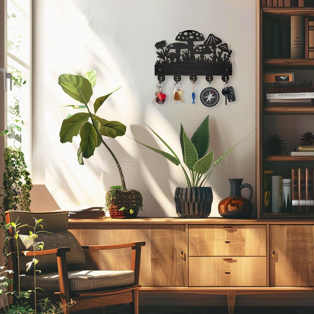MAYJOYDIY Mushroom Coat Rack Wall Mounted Wildflower Meadow Wood Key Hooks for Wall 11.8×7.9inch Black Key Holder Hanger Wall Art Decor with 5 Alloy Hooks for Gift Hallway Entryway Kitchen
