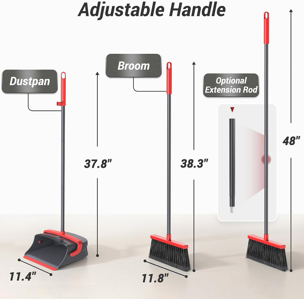 Broom with Dustpan Set for Pet Hair & Dust Cleanup, Red & Gray