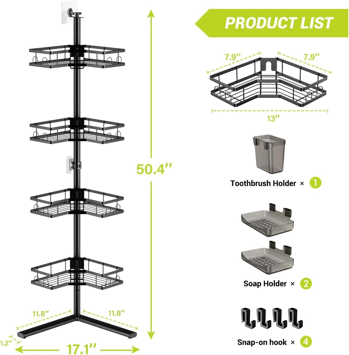 Standing Corner Shower Caddy - 4-Tier Rustproof Adjustable Shower Shelves
