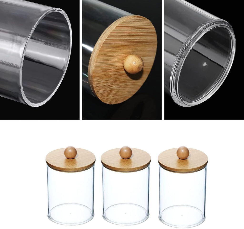 3Pack Acrylic Qtip Holder Dispenser with Wood Lids, Bathroom Organizer