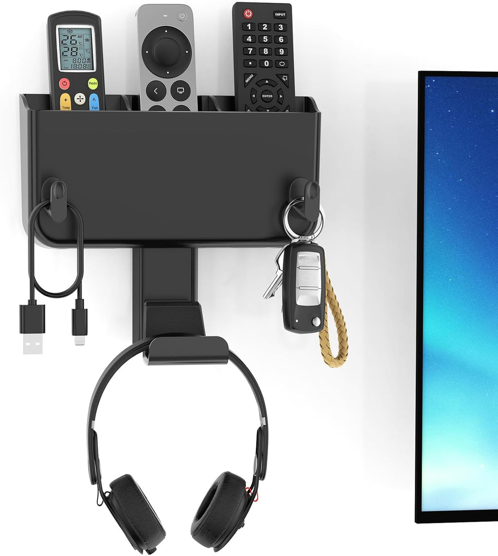 Kytok Adhesive Remote Control Holder Wall Mount with Headset Hanger, 3 in 1 Organizer TV/Fan Remote Caddy with Hook for Headphone, No Drill Controller Storage Bracket, Bed Wall Rack