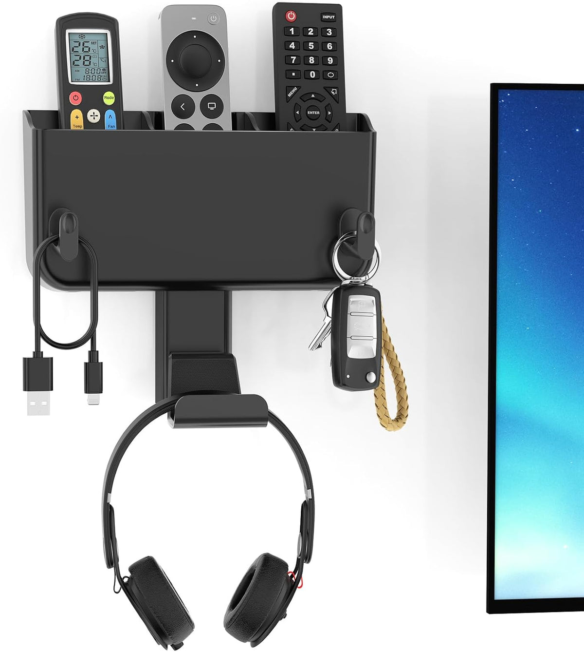 Kytok Adhesive Remote Control Holder Wall Mount with Headset Hanger, 3 in 1 Organizer TV/Fan Remote Caddy with Hook for Headphone, No Drill Controller Storage Bracket, Bed Wall Rack