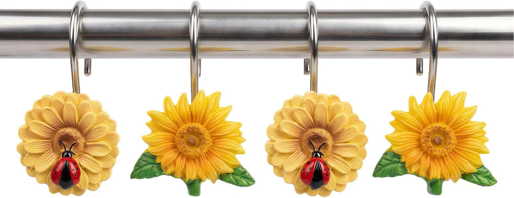 12PCS Sunflower Shower Curtain Hooks, Yellow Floral Ladybug Decorative Curtain Hanger, Metal Rustproof Shower Curtain Rod Ring for Bathroom Décor
