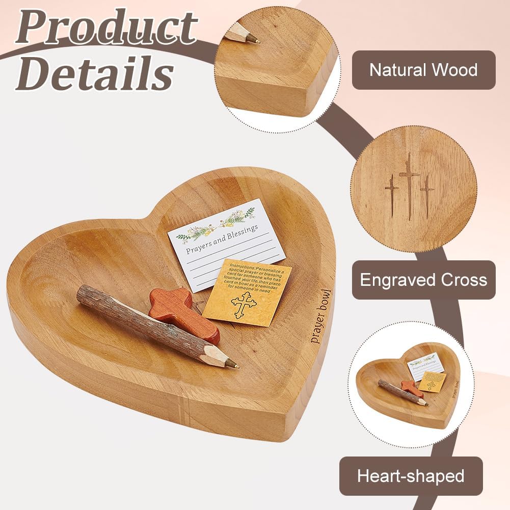 Handcrafted Wooden Heart Bowl, Prayer Decor Set with Cross, Cards and Pen | Decorative Wooden Prayer Bowl for Christian Home Decor, Mantel, Table Centerpiece, Perfect for Easter