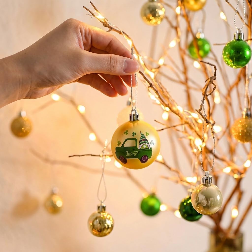 DecorbyHannah St Patricks Day Decorations Shamrock Irish Tree Ornaments Set, 21ct Large Green Gold St. Patrick's Day Shatterproof Good Luck Clover Hanging Ball Ornaments for Christmas Party Spring