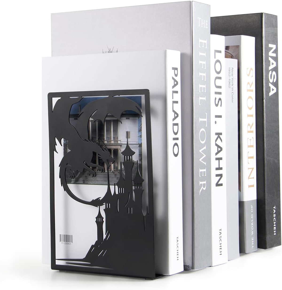 Gothic Dragon Bookends, Black Metal Castle Design, 7.1 x 4.7 Inch, Decorative Book Holders with Non-Slip Base, 2 Piece Set