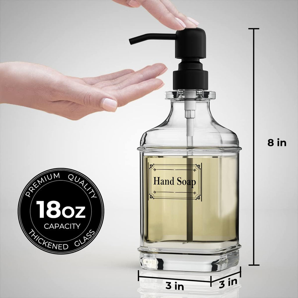 GLADPURE 2 Pack Soap Dispenser, 18 Oz Antique Design Thick Glass Hand Dispensers; with 304 Rust Proof Stainless Steel Pump, 6Pcs Clear Stickers, for Kitchen, Bathroom- Black