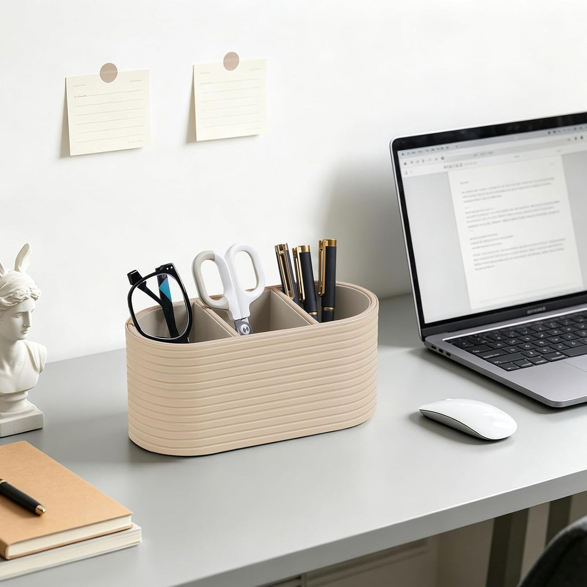 Oval Pen Holder for Desk, Remote Control Holder (Beige)