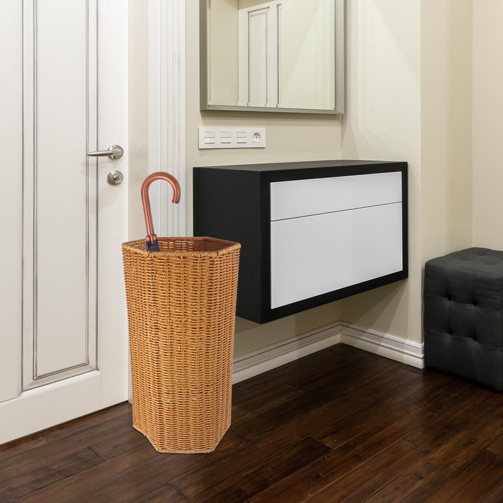Angoily Artificial Rattan Umbrella Stand with Large Capacity Storage Bucket and Tray Indoor Umbrella Holder for Entryway and Office Multi-Use Rainshade Organizer with Yoga Mat Storage 15.55X7.87X7.48In