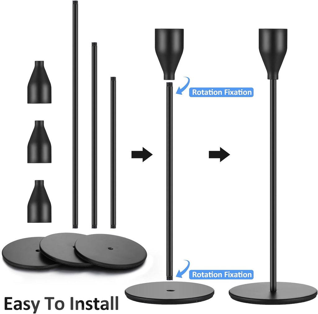 18 Pcs Black Tall Taper Candle Holders, 3 Sizes, Fits 3/4" Candles